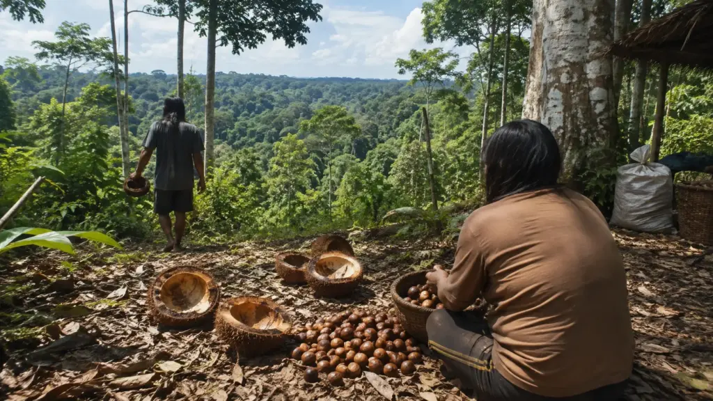 Dalton Tupari e as famílias das terras indígenas Rio Branco, em Rondônia, venderam sete toneladas de castanha-da-amazônia na safra 2025/2026 e passaram a receber 20% a mais sobre o preço só por manter de pé 236 mil hectares de floresta, num arranjo inédito costurado pela Embrapa