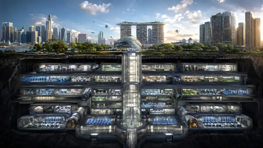 Até 80 metros abaixo da superfície, cidade subterrânea de Singapura prevê cavernas para pesquisa, laboratórios e centros de dados, com ventilação própria, rotas de fuga pressurizadas e economia estimada de até 30% na refrigeração