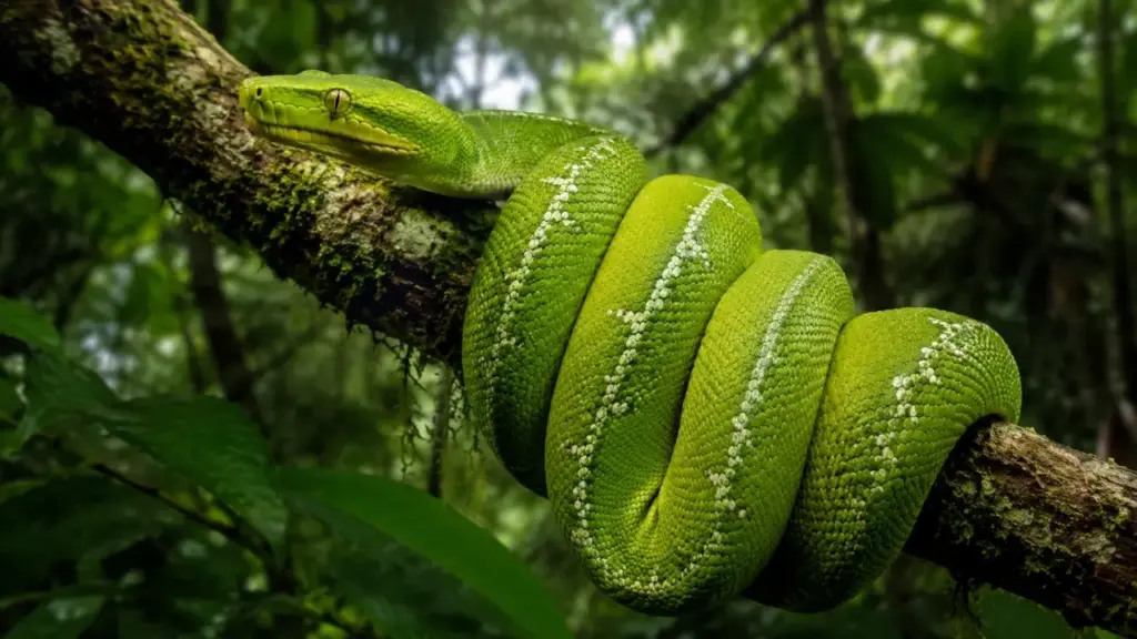 Com até 2 metros de comprimento e vivendo pendurada a até 15 metros de altura, a cobra-papagaio muda do laranja para o verde conforme envelhece, caça à noite e domina suas presas pela força mesmo sem possuir veneno