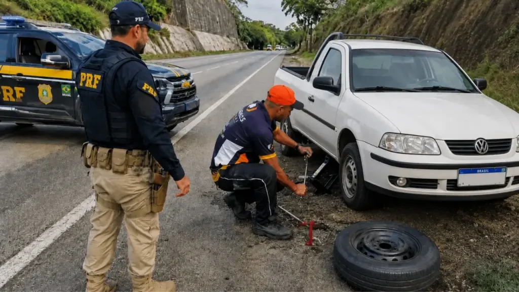 Com pneu furado, motorista vai até à PRF para pedir um macaco emprestado, consegue trocar o estepe, mas acaba sendo multado por circular sem o equipamento obrigatório