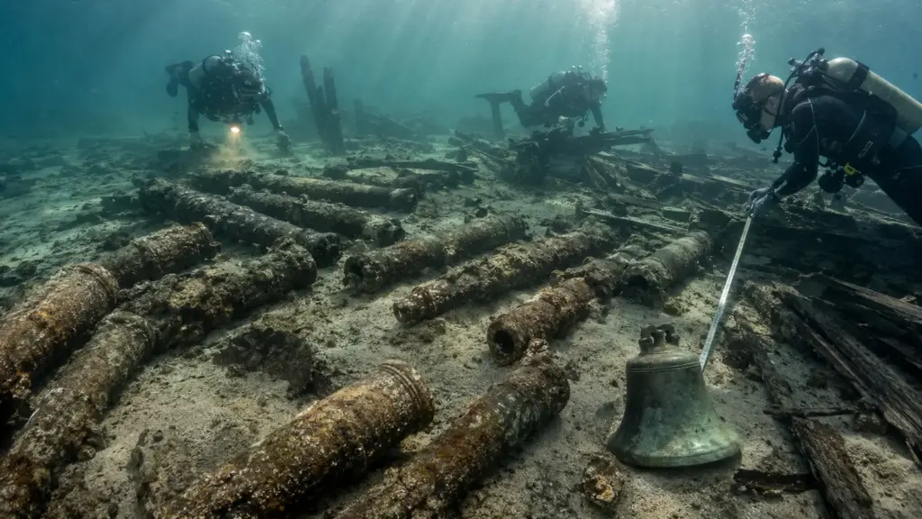 Um tesouro com canhões e um incrível sino de 1709 foi encontrado a apenas 6 metros de profundidade na costa da Carolina; 15 anos depois, veio a confirmação: era o navio de Barba Negra Um tesouro com canhões e um incrível sino de 1709 foi encontrado a apenas 6 metros de profundidade na costa da Carolina; 15 anos depois, veio a confirmação: era o navio de Barba Negra