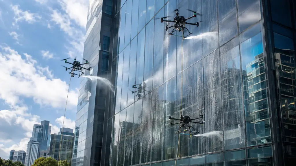 Falta de mão de obra qualificada muda a manutenção predial: empresas de limpeza de fachada estão trocando o rapel por drones que lavam 250 metros quadrados por hora, encurtando de 8 dias para apenas 1 o tempo de limpeza de um prédio de 10 andares