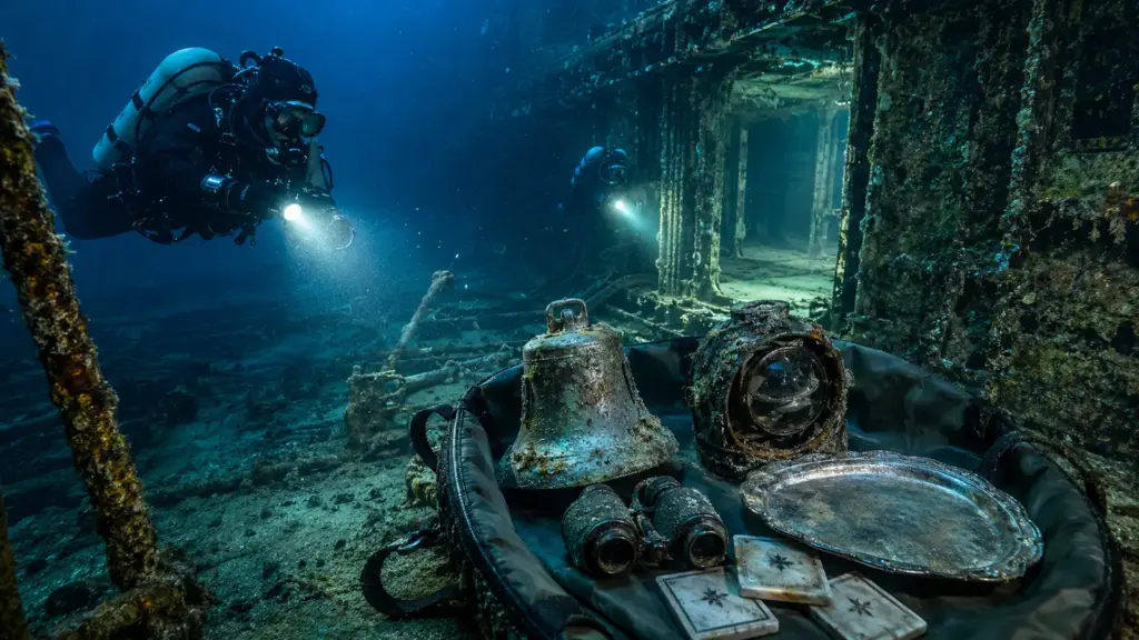 11 mergulhadores de águas profundas recuperam sino, luz de navegação, bandejas de prata e binóculos do Britannic, navio irmão do Titanic que afundou há mais de 100 anos a 120 metros no Mar Egeu