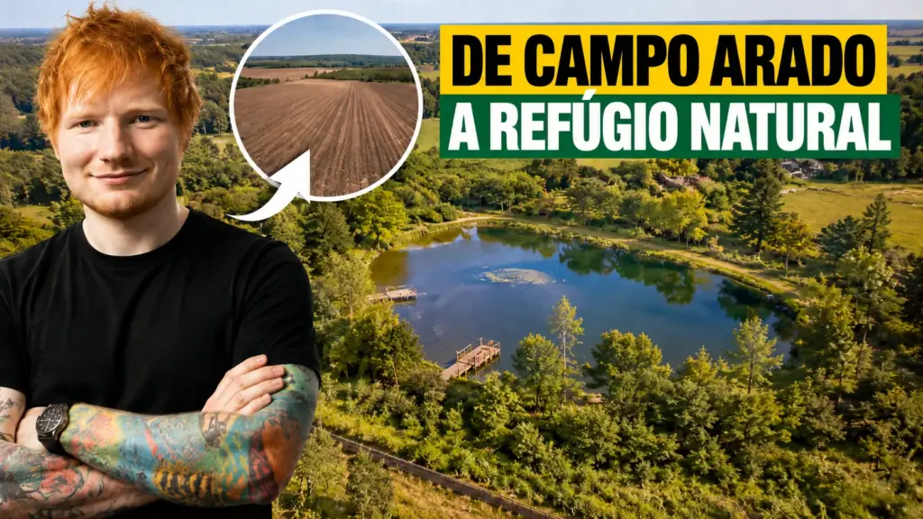 Ed Sheeran transformou antigo campo arado em refúgio para animais, criou lago oficialmente registrado para a vida selvagem, deixou a vegetação crescer e afirma ter plantado 14 mil árvores, enquanto planeja comprar novas terras para levar a recuperação ambiental a outras áreas do Reino Unido Ed Sheeran transformou antigo campo arado em refúgio para animais, criou lago oficialmente registrado para a vida selvagem, deixou a vegetação crescer e afirma ter plantado 14 mil árvores, enquanto planeja comprar novas terras para levar a recuperação ambiental a outras áreas do Reino Unido