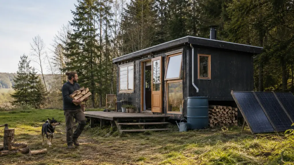 Aos 36 anos, dinamarquês larga emprego estável das 9h às 17h, troca o computador pelo trabalho manual e constrói casa de 14 m² na floresta para viver com energia solar, água da chuva e US$ 750 por mês