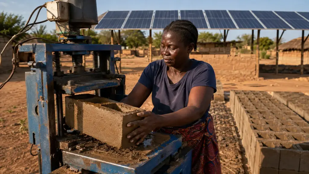 Aos 38 anos, empreendedora começou a fabricar blocos com máquina movida pelo sol, reduziu o esforço manual para construção e criou uma nova renda em vila da Zâmbia