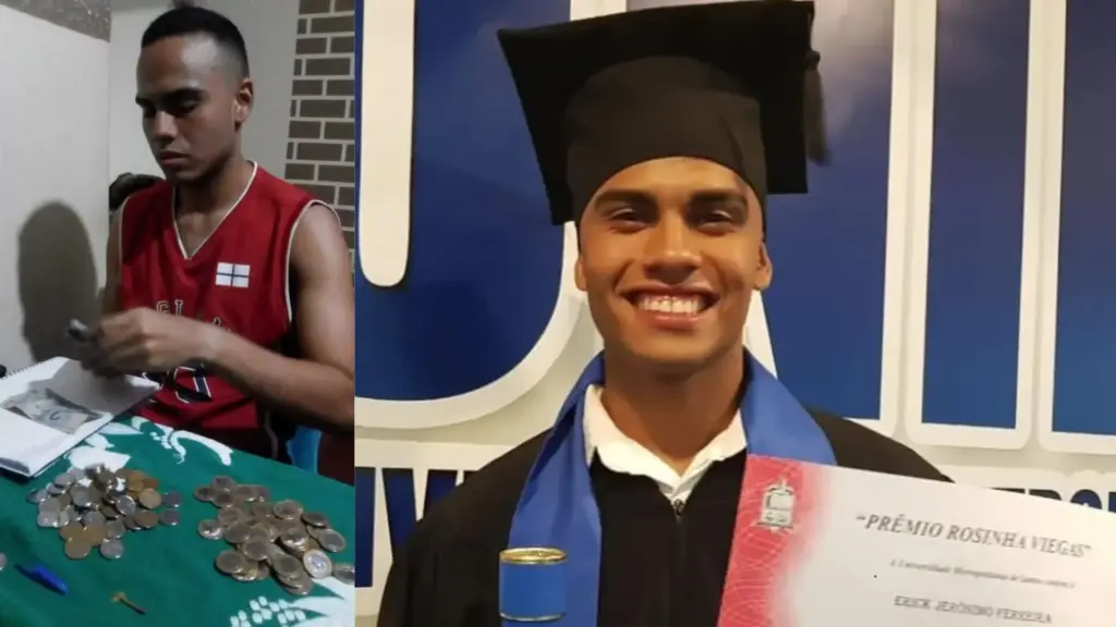 Aos 22 anos, Erick vendeu doces em semáforos para pagar a faculdade, ajudou a sustentar a família, conquistou o prêmio de melhor aluno e transformou a formatura em símbolo de superação Aos 22 anos, Erick vendeu doces em semáforos para pagar a faculdade, ajudou a sustentar a família, conquistou o prêmio de melhor aluno e transformou a formatura em símbolo de superação