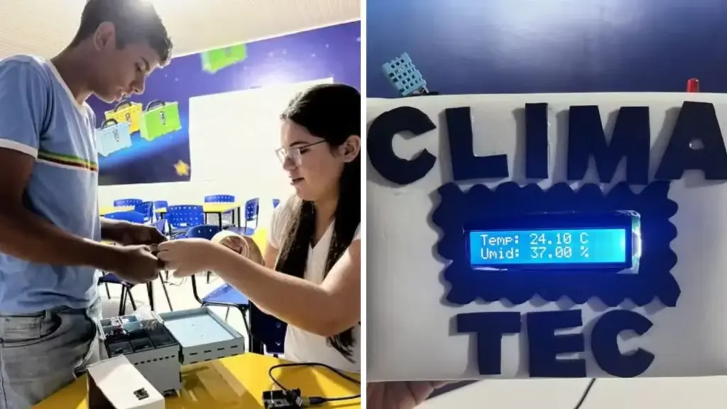Estudantes de escola pública da Bahia usam robótica e papelão para criar dispositivo que monitora o ar e avisa quando clima seco pode afetar rotina escolar Estudantes de escola pública da Bahia usam robótica e papelão para criar dispositivo que monitora o ar e avisa quando clima seco pode afetar rotina escolar