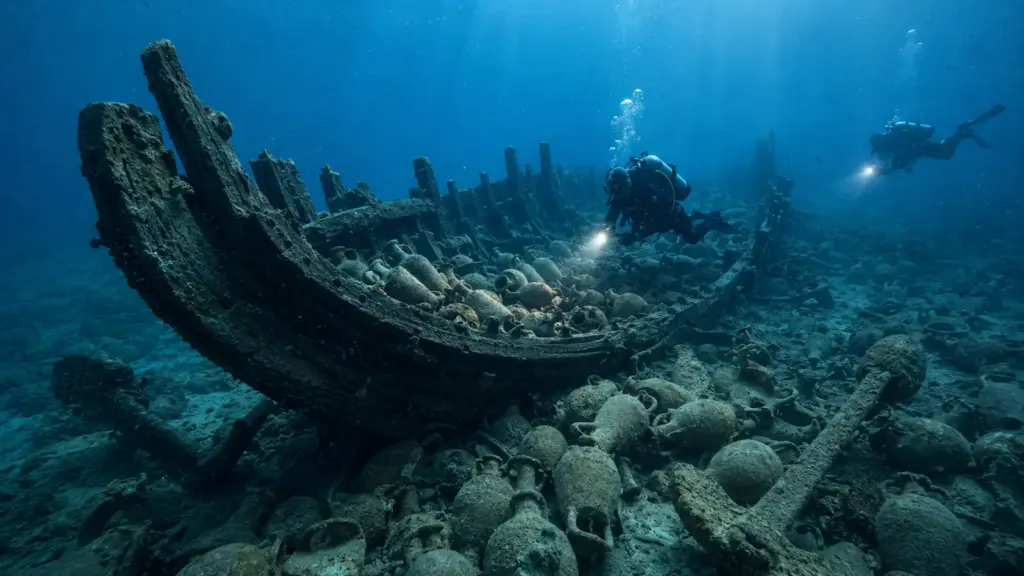 Mergulhador se aproxima de ponto no fundo do mar da Sicília e dá de cara com naufrágio romano de 2.100 anos, cerca de 500 ânforas e peças de âncora a 46 metros de profundidade