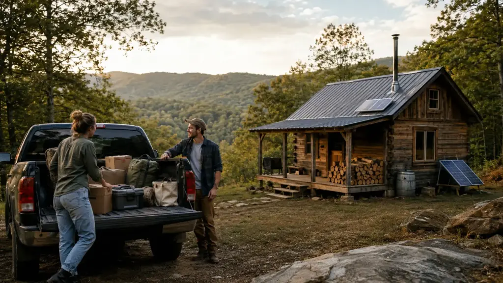 Jovem casal sai da faculdade, coloca tudo em uma caminhonete, deixa para trás amigos e família e se muda para uma propriedade rural isolada herdada na Virgínia Ocidental para construir uma cabana isolada, movida a energia solar e aquecida com lenha Jovem casal sai da faculdade, coloca tudo em uma caminhonete, deixa para trás amigos e família e se muda para uma propriedade rural isolada herdada na Virgínia Ocidental para construir uma cabana isolada, movida a energia solar e aquecida com lenha