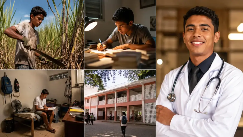 Filho de pedreiro que começou a cortar cana aos 12 anos, trabalhou na lavoura até os 15, enfrentou três vestibulares seguidos, viveu durante seis anos numa casa de estudantes e, depois de uma trajetória marcada por trabalho e persistência, realizou o sonho de se tornar médico em Pernambuco Filho de pedreiro que começou a cortar cana aos 12 anos, trabalhou na lavoura até os 15, enfrentou três vestibulares seguidos, viveu durante seis anos numa casa de estudantes e, depois de uma trajetória marcada por trabalho e persistência, realizou o sonho de se tornar médico em Pernambuco