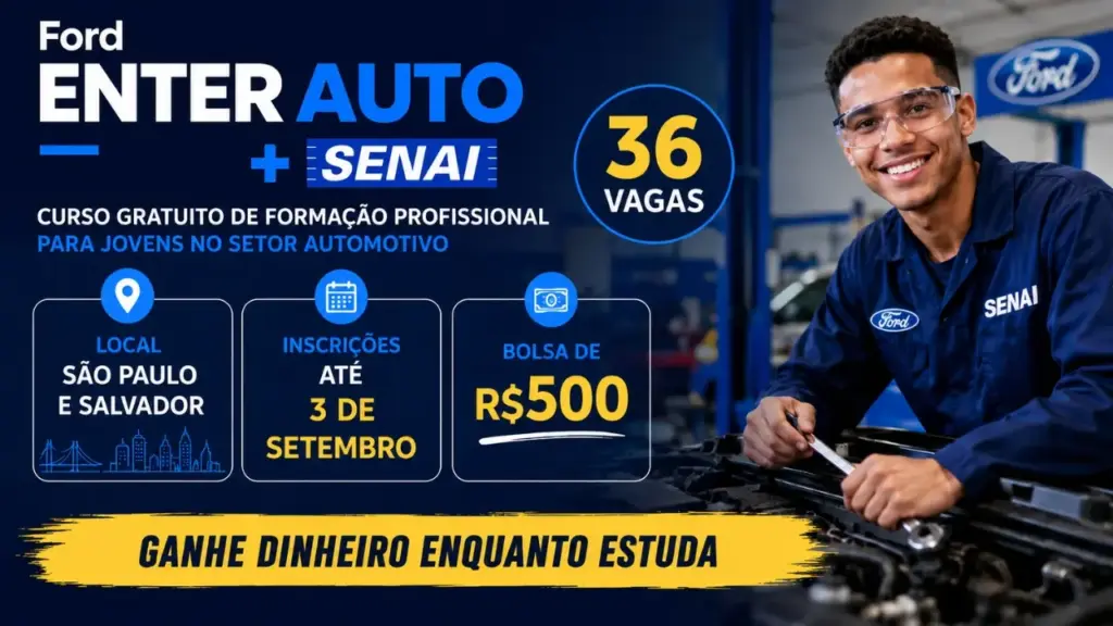Ford abre formação gratuita para maiores de 16 anos sem experiência em mecânica, oferece auxílio de R$ 500 por mês e prepara alunos para trabalhar de motores convencionais a carros elétricos