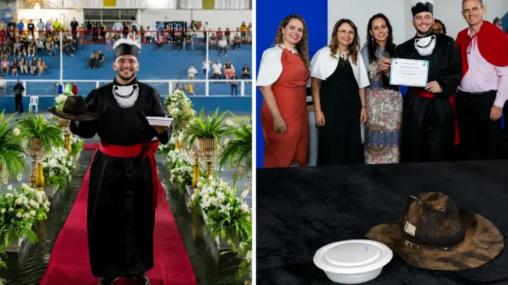 Formando atravessa o palco com marmita e chapéu para homenagear os pais e transforma a formatura em um reconhecimento público ao trabalho que sustentou sua trajetória até a universidade