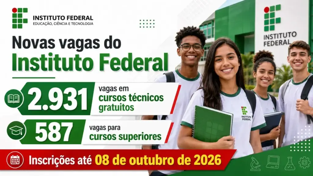 Instituto Federal abre 3.518 vagas para cursos técnicos e graduação com inscrições até outubro; oportunidades para Administração, Informática, Engenharia, Enfermagem e dezenas de outros cursos Instituto Federal abre 3.518 vagas para cursos técnicos e graduação com inscrições até outubro; oportunidades para Administração, Informática, Engenharia, Enfermagem e dezenas de outros cursos