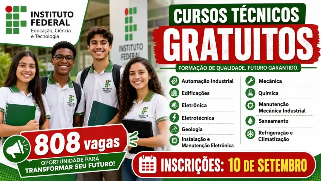 Instituto Federal tem mais de 800 vagas abertas em cursos técnicos gratuitos para quem terminou o fundamental ou médio; as oportunidades são para automação, edificações, eletrotécnica, saneamento e mais Instituto Federal tem mais de 800 vagas abertas em cursos técnicos gratuitos para quem terminou o fundamental ou médio; as oportunidades são para automação, edificações, eletrotécnica, saneamento e mais