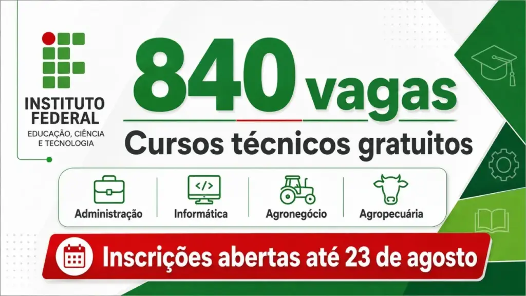 Faça um curso técnico sem gastar 1 real: Instituto Federal oferece 840 vagas em cursos técnicos gratuitos de Administração, Informática, Agronegócio e Agropecuária; inscrições abertas até 23 de agosto no IFNMG