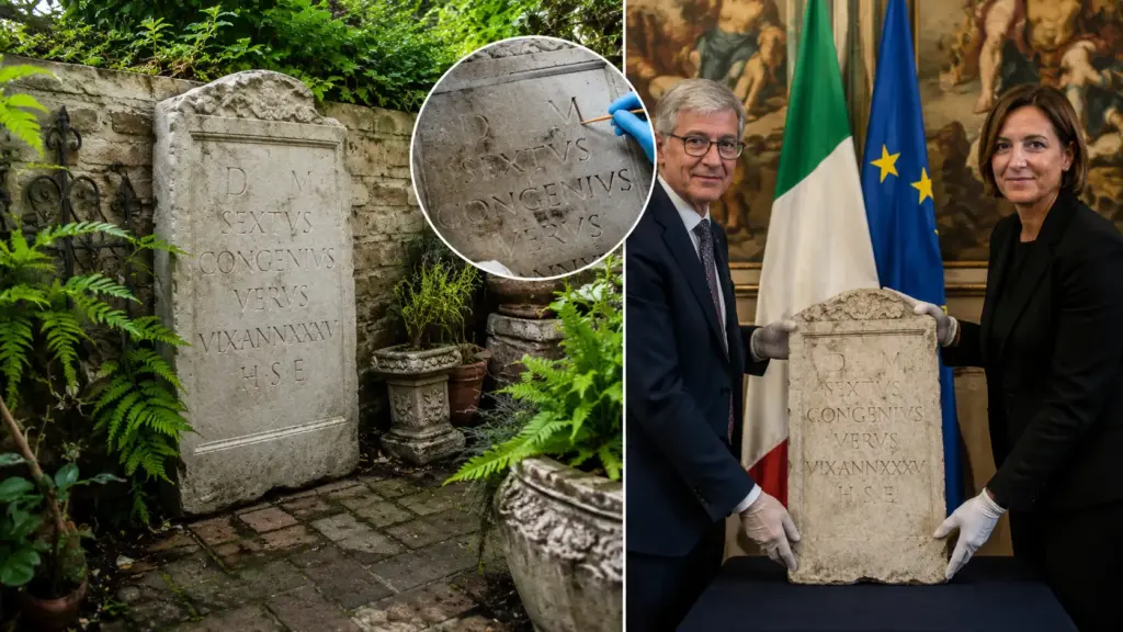 Uma placa de mármore esquecida como decoração de jardim em Nova Orleans escondia um segredo de quase 2 mil anos: ela era a lápide romana de Sextus Congenius Verus, desaparecida de um museu italiano desde a Segunda Guerra Mundial e finalmente devolvida à Itália em 2026 Uma placa de mármore esquecida como decoração de jardim em Nova Orleans escondia um segredo de quase 2 mil anos: ela era a lápide romana de Sextus Congenius Verus, desaparecida de um museu italiano desde a Segunda Guerra Mundial e finalmente devolvida à Itália em 2026