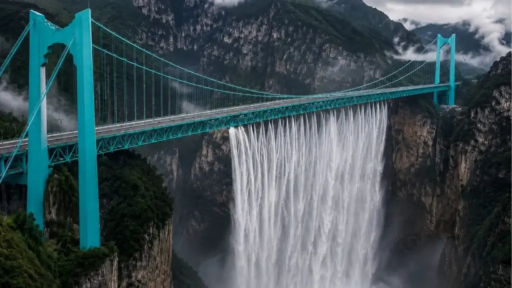 A China transformou uma ponte na maior cachoeira artificial do mundo, com queda de 625 metros e até 300 metros de largura após engenheiros encontrarem um aquífero durante a construção