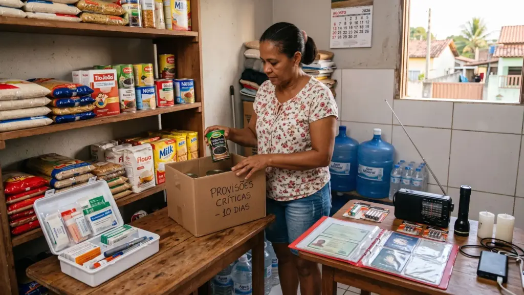 Governo orienta população a manter comida suficiente para até 10 dias, além de água, medicamentos, rádio, documentos e itens essenciais, para atravessar apagões, desastres e crises quando supermercados e serviços públicos podem deixar de funcionar normalmente