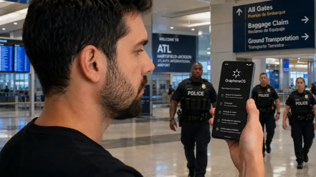 Nos Estados Unidos, homem foi abordado no aeroporto de Atlanta, levado para uma sala de interrogatório, pediu advogado quatro vezes e entregou uma senha que apagou os dados do celular agora pode ser preso por suposta destruição de provas