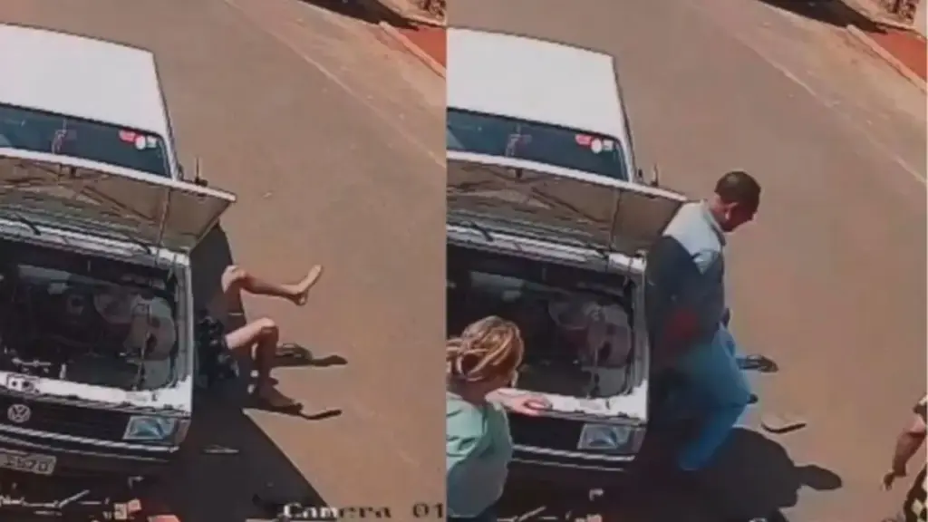 Pai ergue carro sozinho para salvar o filho: após falha no cavalete, jovem de 21 anos fica preso embaixo de veículo durante manutenção e é salvo sem ferimentos pelo pai