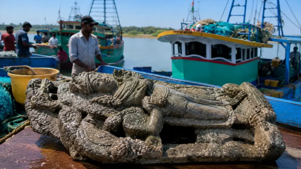 Uma rede que ficou pesada demais durante a pescaria revelou uma escultura de 500 anos: 16 pescadores levaram a peça de volta, onde a polícia passou a investigar o objeto