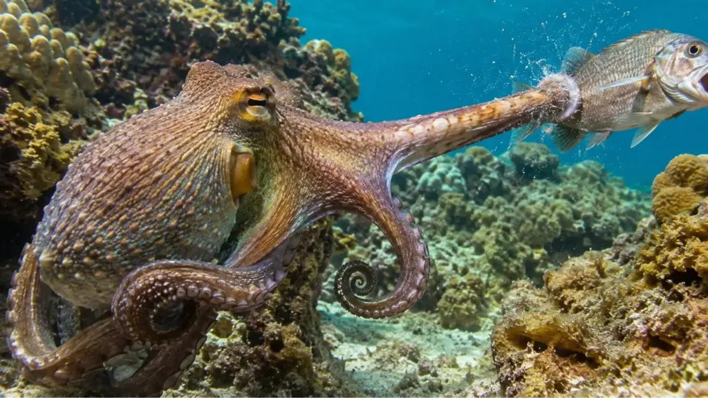 Polvos dão “socos” em peixes de forma estratégica e ajustam agressividade conforme o comportamento do rival, aponta estudo