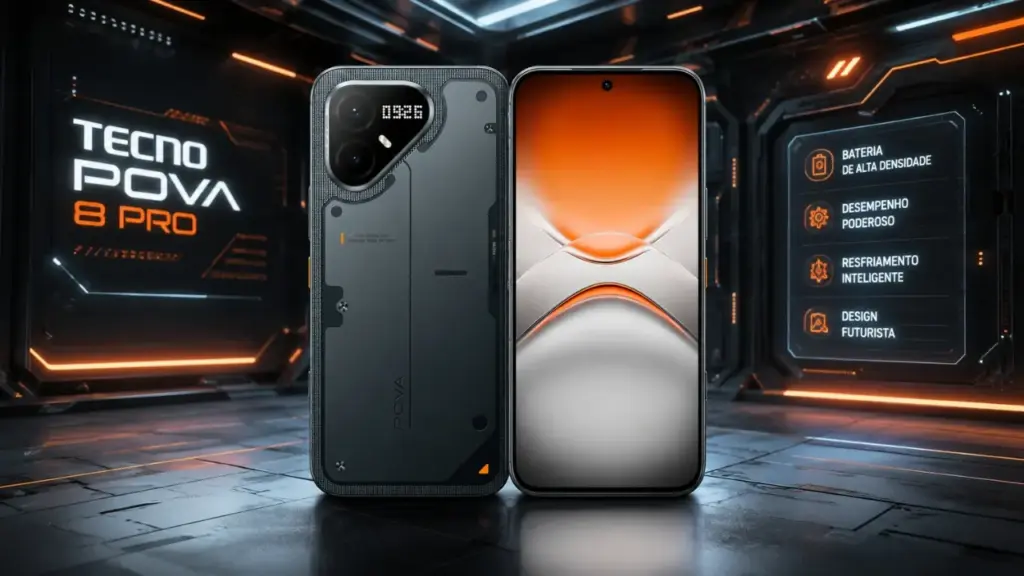 Celular poderoso da Tecno estreia em agosto com 6.500 mAh de bateria, tela AMOLED de 4.500 nits e 144 Hz, visual com Mini LEDs inspirado em nave espacial e resfriamento por câmara de vapor; conheça o Pova 8 Pro