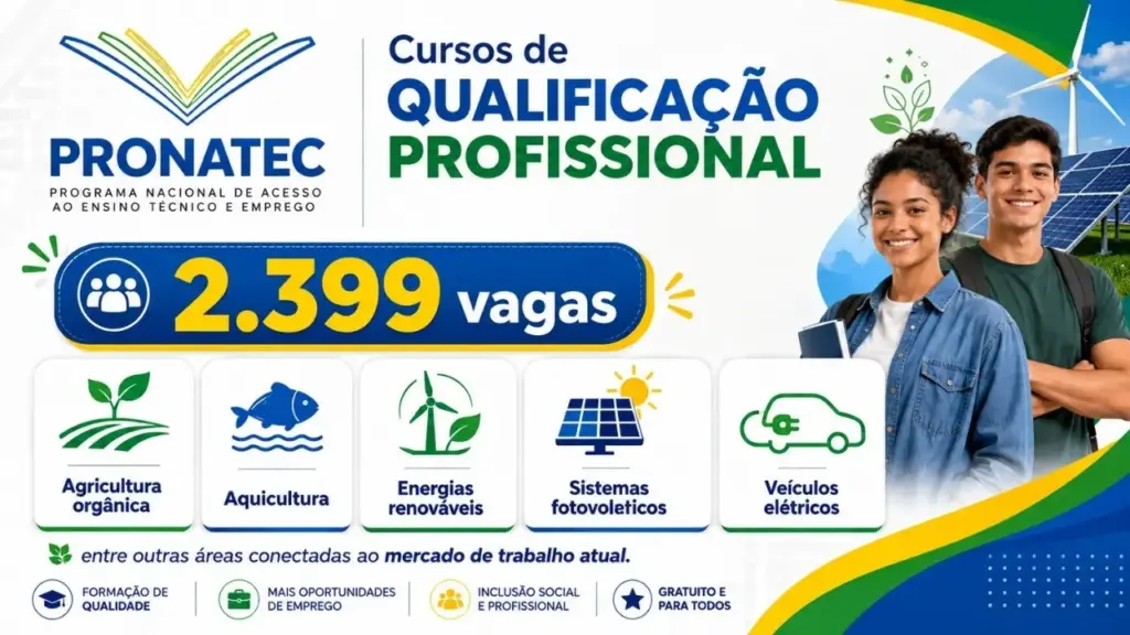Pronatec libera 2.399 vagas em cursos de qualificação energia renovável, agricultura e veículos elétricos em 23 estados