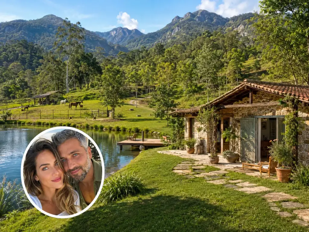 Bruno Gagliasso e Giovanna Ewbank trocam parte da rotina urbana por temporadas com os filhos em um rancho de 260 mil m² na serra do Rio, transformam a propriedade em projeto de reflorestamento e criam estrutura para receber animais resgatados