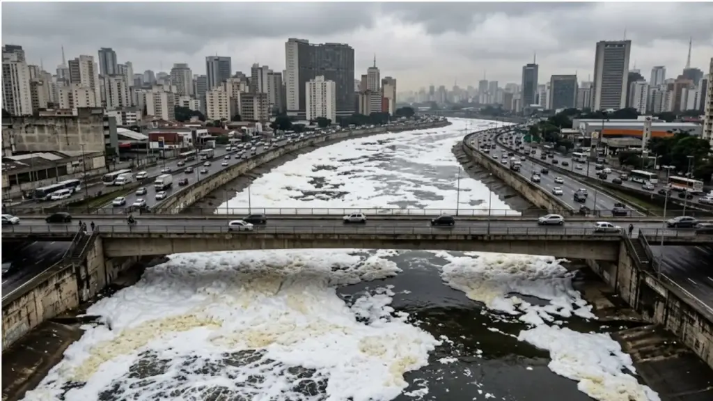 Rio Tietê volta a ficar coberto por espuma branca: imagens de drone mostram água escondida pela camada de poluentes