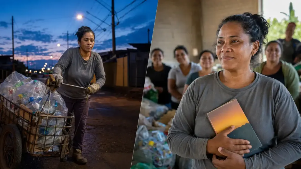 Viúva há um ano e mãe de sete filhos sai de casa às 5h para trabalhar como catadora de materiais recicláveis no Distrito Federal, sustenta a família com o próprio esforço e ganha destaque em livro com histórias de 25 mulheres da reciclagem Viúva há um ano e mãe de sete filhos sai de casa às 5h para trabalhar como catadora de materiais recicláveis no Distrito Federal, sustenta a família com o próprio esforço e ganha destaque em livro com histórias de 25 mulheres da reciclagem