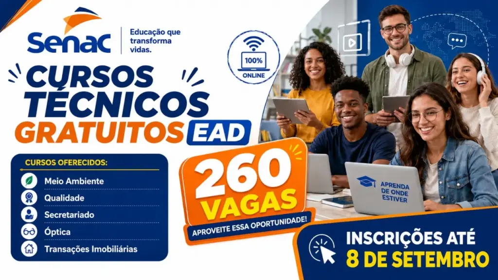 Senac oferece 260 vagas em cursos técnicos gratuitos de TI, gestão, segurança e meio ambiente; veja quem pode participar e como se inscrever