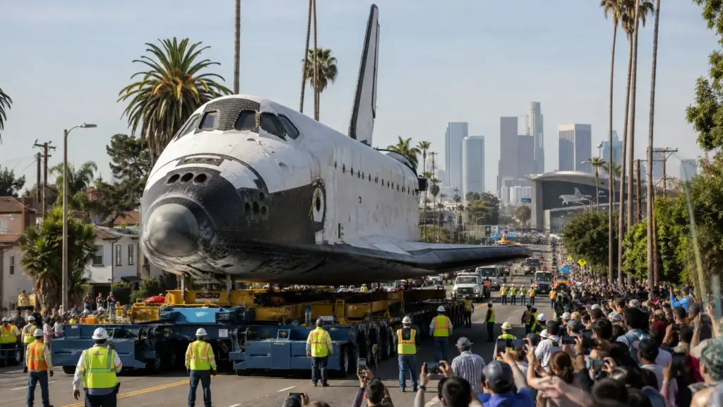 Um ônibus espacial de quase 24 metros deixou o aeroporto, percorreu ruas de Los Angeles durante dois dias a apenas 3 km/h e transformou uma operação logística em espetáculo para milhares de pessoas Um ônibus espacial de quase 24 metros deixou o aeroporto, percorreu ruas de Los Angeles durante dois dias a apenas 3 km/h e transformou uma operação logística em espetáculo para milhares de pessoas