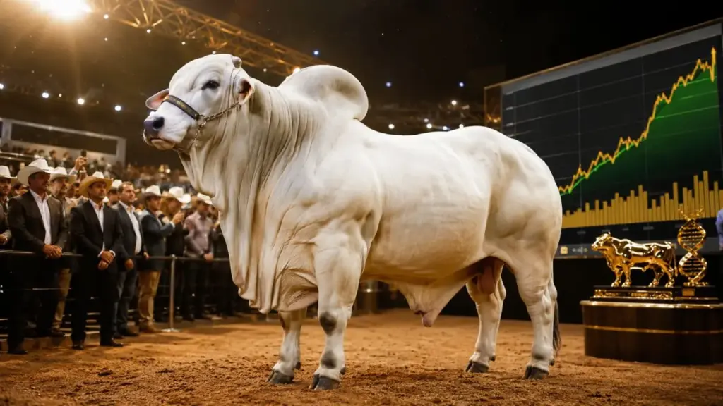Com mais de 430 kg e mais caro do que uma mansão, o touro Nelore INDHU FIV HRO, filho de uma das vacas mais valiosas do mundo, foi vendido por quase R$ 10 milhões em leilão e tornou-se o animal mais valioso da história da raça