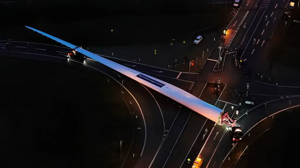 Uma única pá eólica de 88,4 metros saiu de uma fábrica à noite, ocupou estradas inteiras durante uma viagem de 218 quilômetros e chegou poucas horas depois ao destino após nove meses de planejamento para conseguir fazer todas as curvas