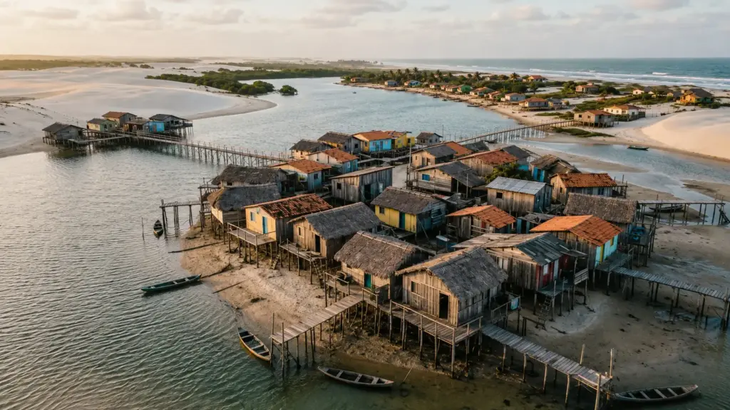 Vila de pescadores no Ceará foi engolida por dunas móveis na década de 1970, obrigou famílias a abandonar suas casas e renasceu dividida em quatro núcleos entre lagoas e manguezais Vila de pescadores no Ceará foi engolida por dunas móveis na década de 1970, obrigou famílias a abandonar suas casas e renasceu dividida em quatro núcleos entre lagoas e manguezais