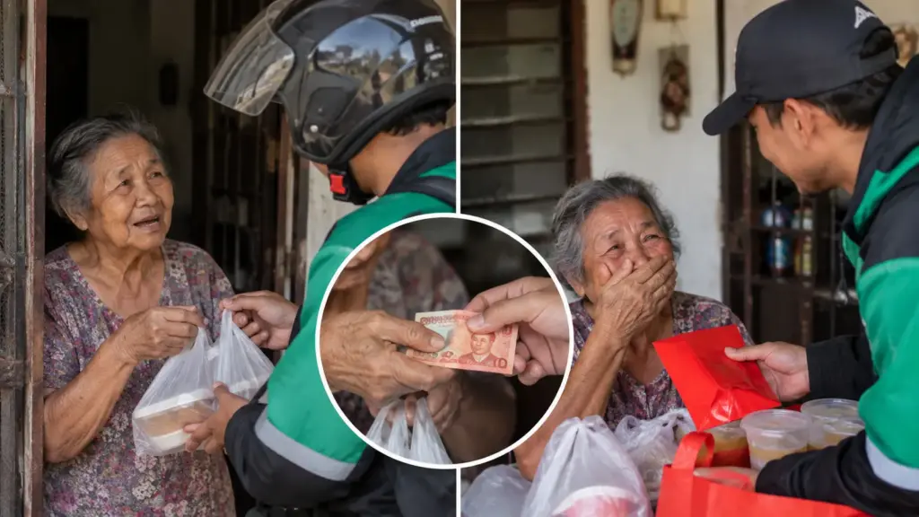 Entregador leva pedido de apenas RM 14,50 para idosa, descobre que ela dividiria a comida com o neto, devolve RM 10 e dias depois retorna com alimentos e doações após história comover a Malásia