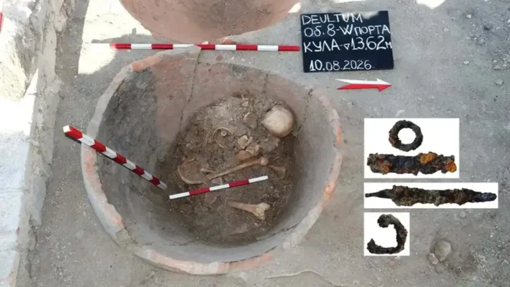 Arqueólogos encontram esqueleto de 1.600 anos escondido dentro de jarro na Bulgária, cercado por cinzas, vidro derretido e sinais de um fim dramático em antiga cidade romana
