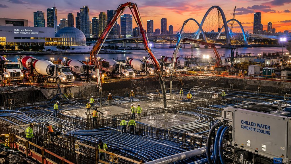 Em Miami, 408 betoneiras despejaram cerca de 2.807 m³ de concreto sobre 9,1 km de tubos com água gelada para criar a fundação de um único arco da Signature Bridge