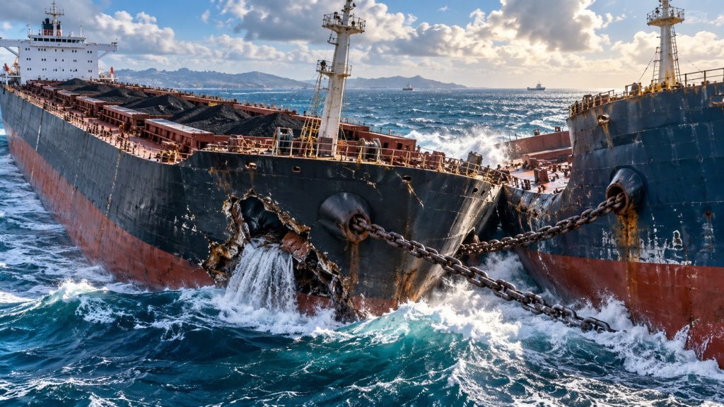 Colisão entre navios na Índia prende correntes de âncoras e deixa graneleiro com quase 86 mil toneladas de carvão com entrada de água Colisão entre navios na Índia prende correntes de âncoras e deixa graneleiro com quase 86 mil toneladas de carvão com entrada de água