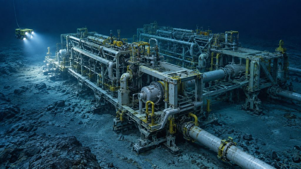 Compressão submarina de gás usa instalação de 5.100 toneladas a 270 metros de profundidade para ampliar recuperação de dois campos no Mar da Noruega Compressão submarina de gás usa instalação de 5.100 toneladas a 270 metros de profundidade para ampliar recuperação de dois campos no Mar da Noruega