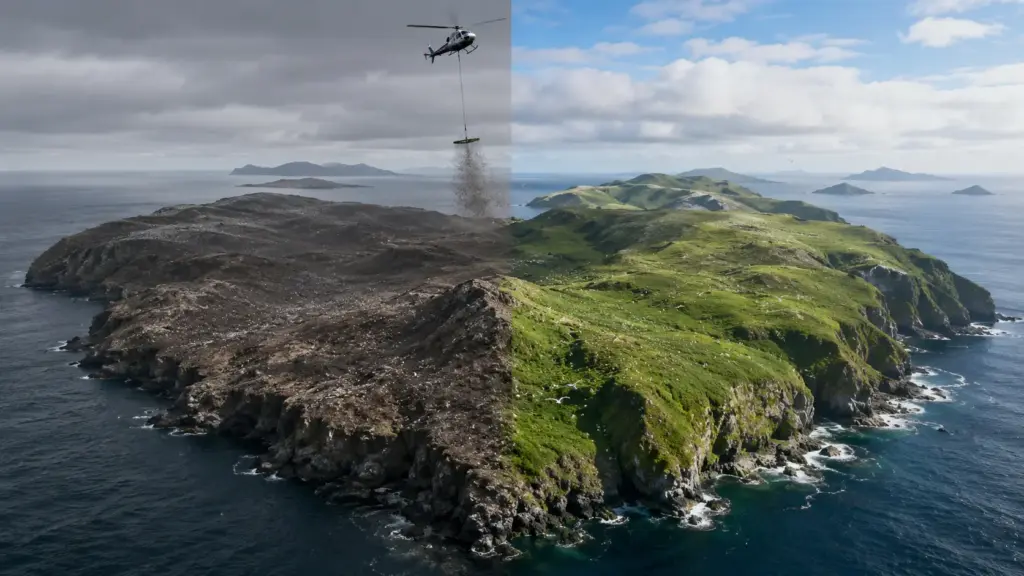 A ilha do Alasca que virou “Ilha dos Ratos” passou por uma operação extrema com toneladas de veneno lançadas por helicópteros e, anos depois, renasceu com aves de volta e um ecossistema recuperado muito mais rápido do que os cientistas esperavam