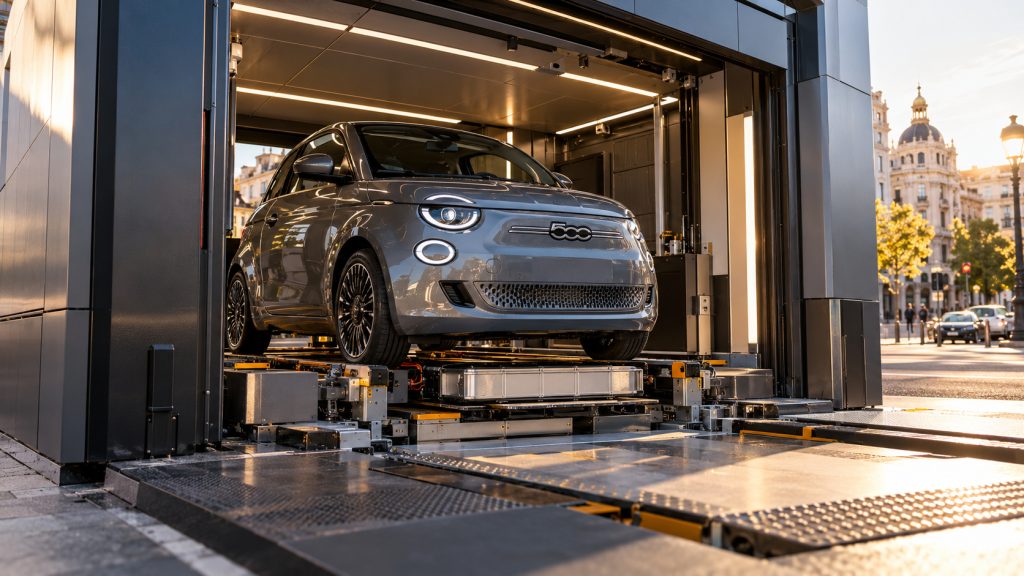 Fiat 500e entra em estação de Madri, troca a bateria em menos de cinco minutos e volta às ruas sem esperar recarga por cabo