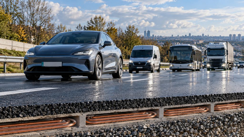 Rodovia francesa instala bobinas sob 1,5 km de asfalto e testa carro, van, ônibus e caminhão recebendo energia enquanto circulam perto de Paris