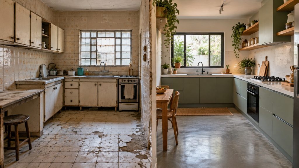 Com poucos materiais, ela transforma cozinha antiga com piso de efeito cimento queimado, recupera espaço deteriorado, muda o ambiente sem muita experiência em construção e mostra como renovar decoração com acabamento simples