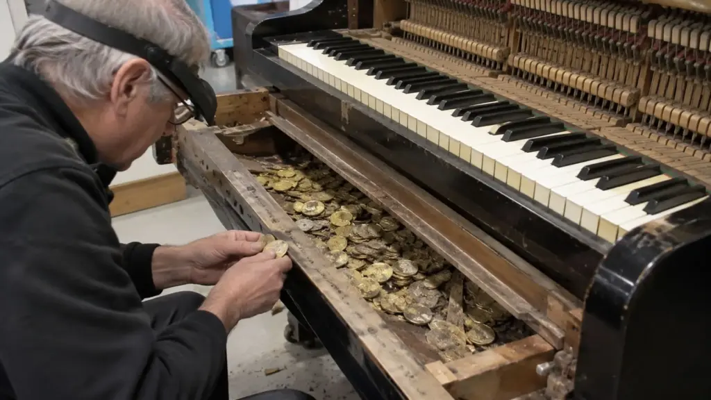 Afinador abre piano doado a uma escola e encontra 913 moedas de ouro escondidas sob o teclado: tesouro guardado havia décadas pesa cerca de 6 quilos, atravessa três reinados britânicos e é avaliado em aproximadamente R$ 3,5 milhões Afinador abre piano doado a uma escola e encontra 913 moedas de ouro escondidas sob o teclado: tesouro guardado havia décadas pesa cerca de 6 quilos, atravessa três reinados britânicos e é avaliado em aproximadamente R$ 3,5 milhões