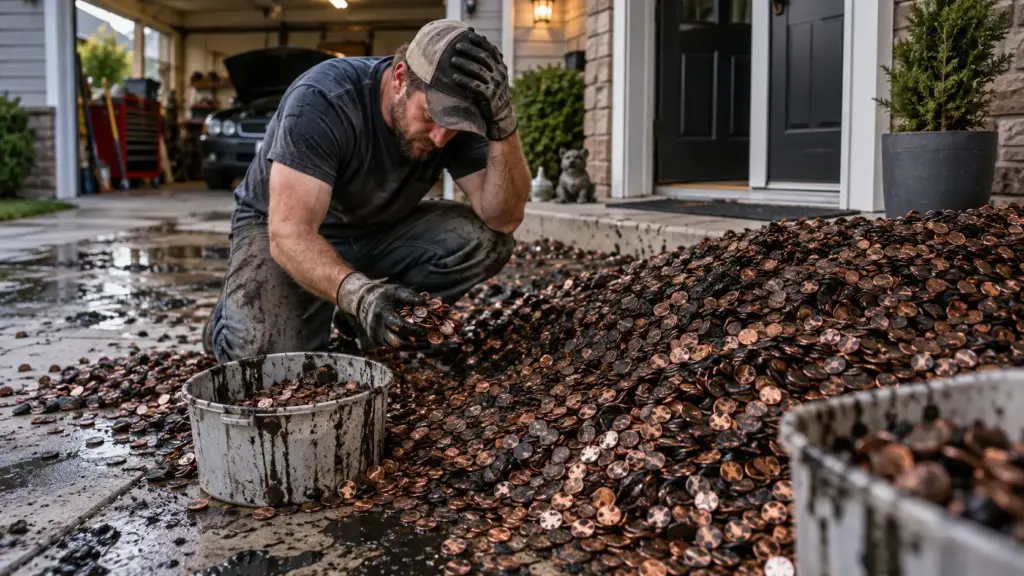 Ex-funcionário recebeu o salário final de US$ 915 em cerca de 91.500 moedas cobertas de óleo, levou quase sete horas para tirar a pilha de dinheiro da entrada de casa e caso terminou na Justiça