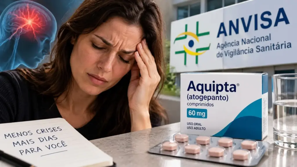 Anvisa aprova novo remédio oral para prevenção da enxaqueca em adultos com pelo menos quatro episódios por mês, e estudos com o atogepanto mostram redução significativa no número de dias com crises em comparação ao placebo, tanto na forma episódica quanto na crônica