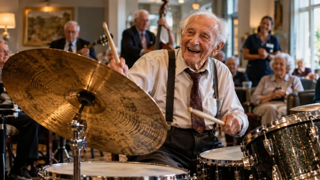 Aos 100 anos, engenheiro toca bateria com o mesmo prato Zildjian dos anos 1930, alterna para o saxofone e forma banda dentro de residência para idosos